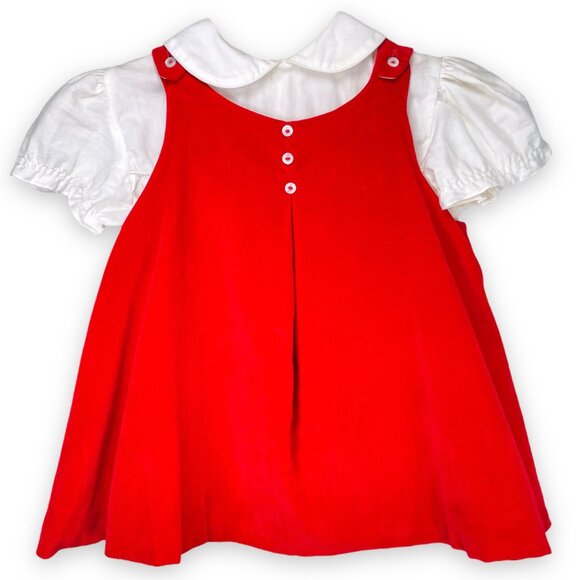 Vintage Baby Girl 2 Piece Red Velvet Dress + Puff Sleeve Shirt Outfit Set 12m - Picture 1 of 12